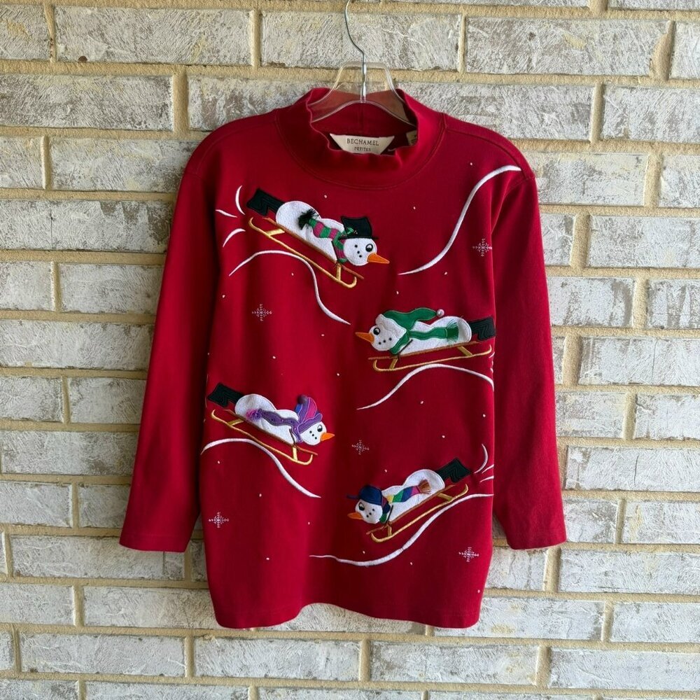 BECHAMEL Long Sleeve Turtleneck Christmas Snowman Sledding Shirt Size M petite